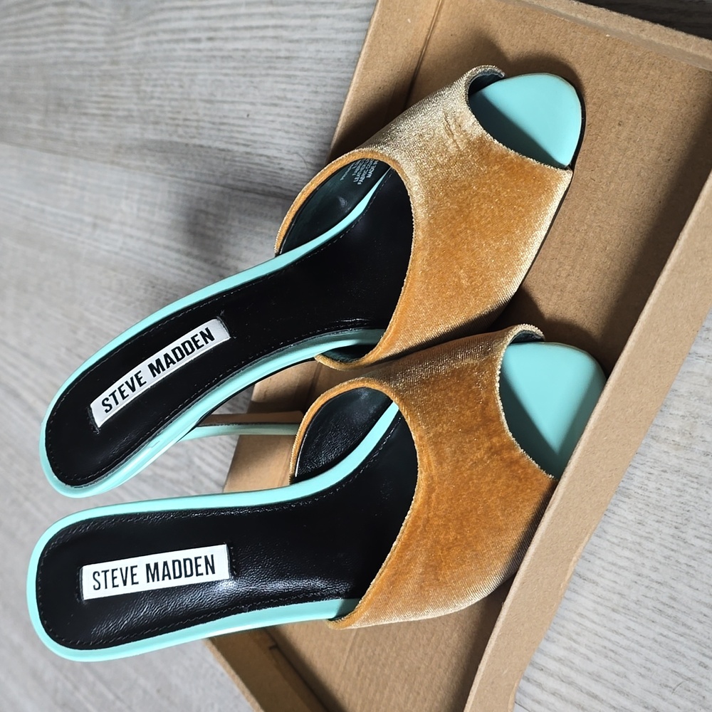 Priya Multi Velvet by Steve Madden. Tiffany blue and camel slide heel